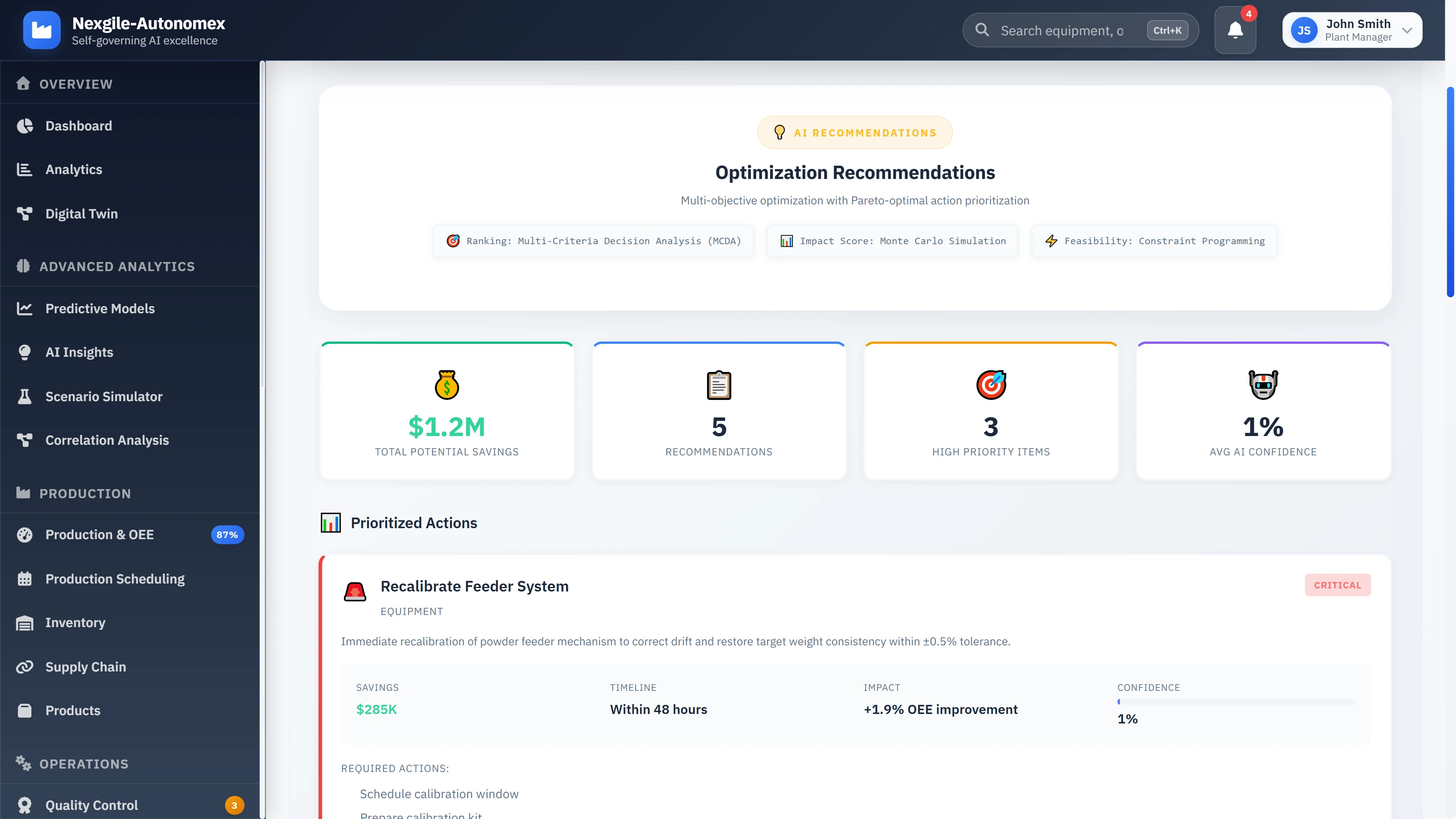 Optimization recommendations with Pareto-optimal prioritization showing $1.2M potential savings