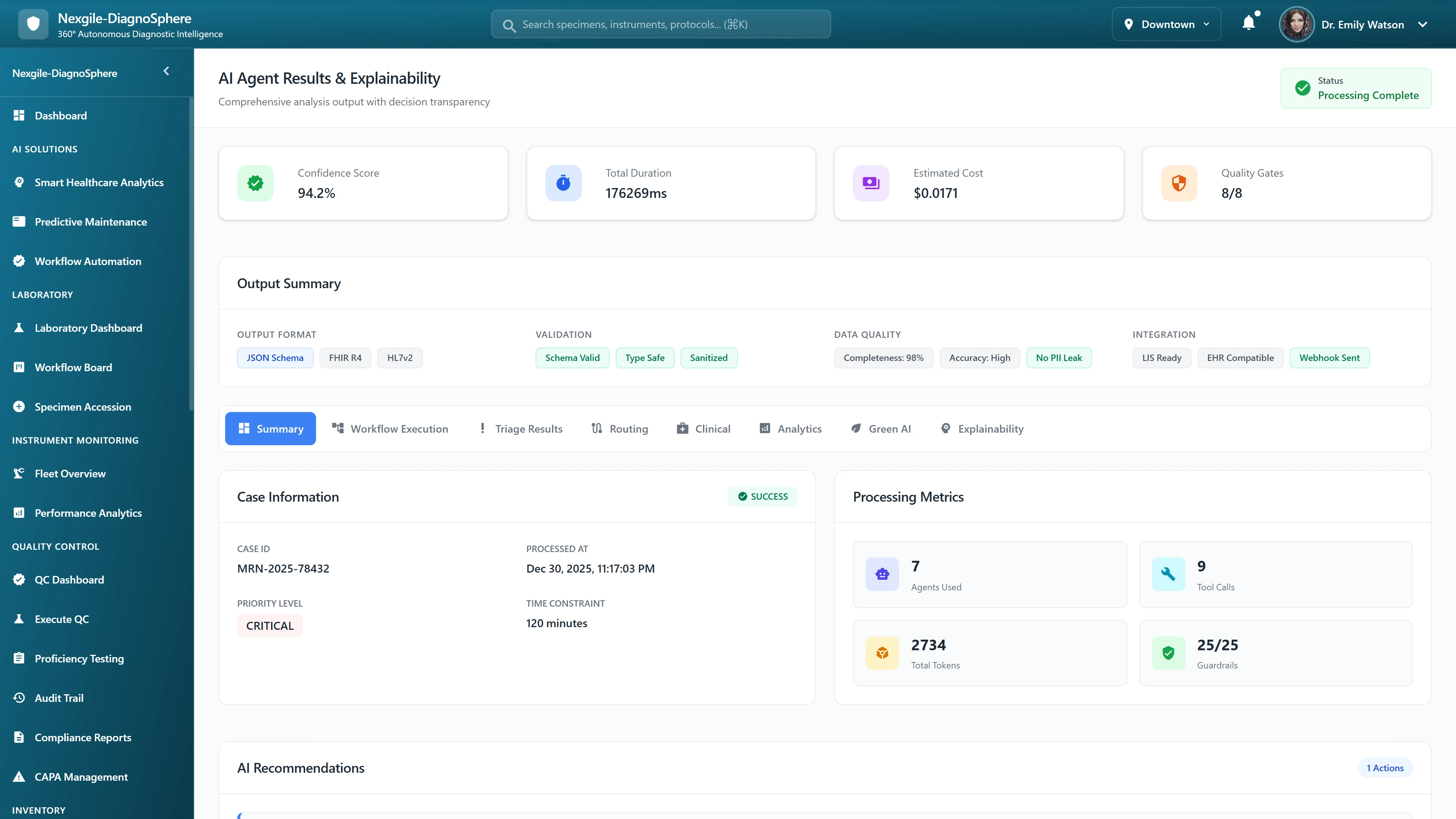 Results and Explainability Dashboard - Comprehensive case analysis with confidence scores, processing metrics, and quality gates