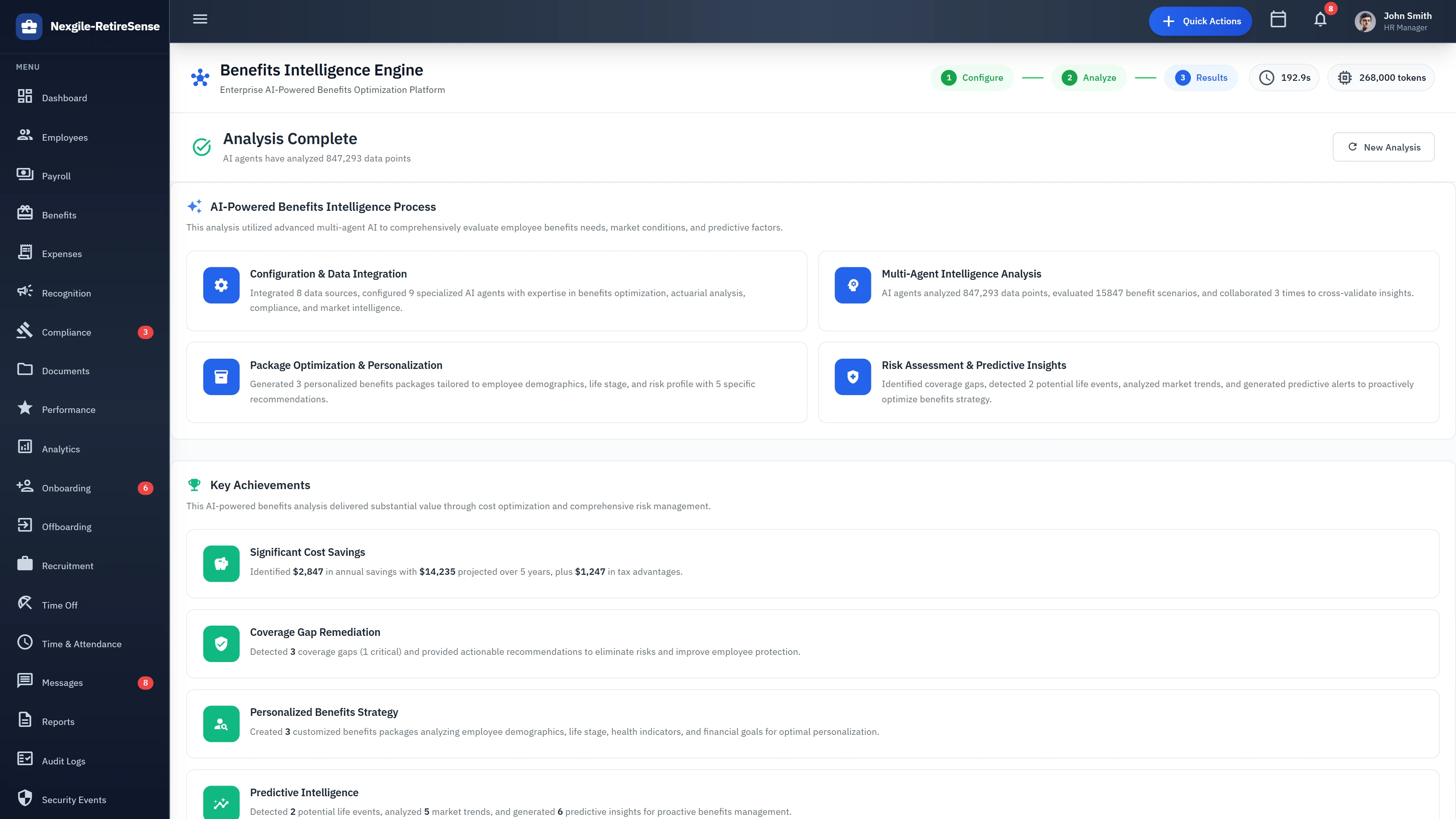 Analysis Complete - AI-powered benefits intelligence process with key achievements and cost savings